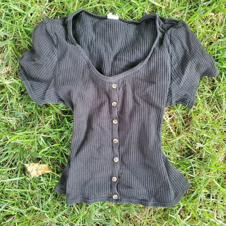 Black Ribbed Faux Button Down Top