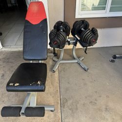 Bowflex adjustable weights 10–90lbs with stand and adjustable bench
