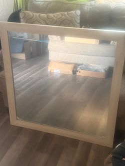Large Beige Wood-Frame Wall Mirror