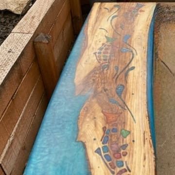 8 Foot Epoxy Resin And Wood Bench With Inlays