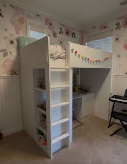 White Twin Loft Bunkbed with desk, closet & bookshelf