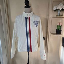 Retro Sporty Indie Cream Red Blue Stripe Champion University Crest Zip Up Windbreaker Jacket
