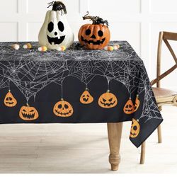 Rectangle Halloween Tablecloth, 60 x 144 Inch  Spider Web Pumpkin Table Cloth, Washable Table Cover for Party Picnic Dinner Decor