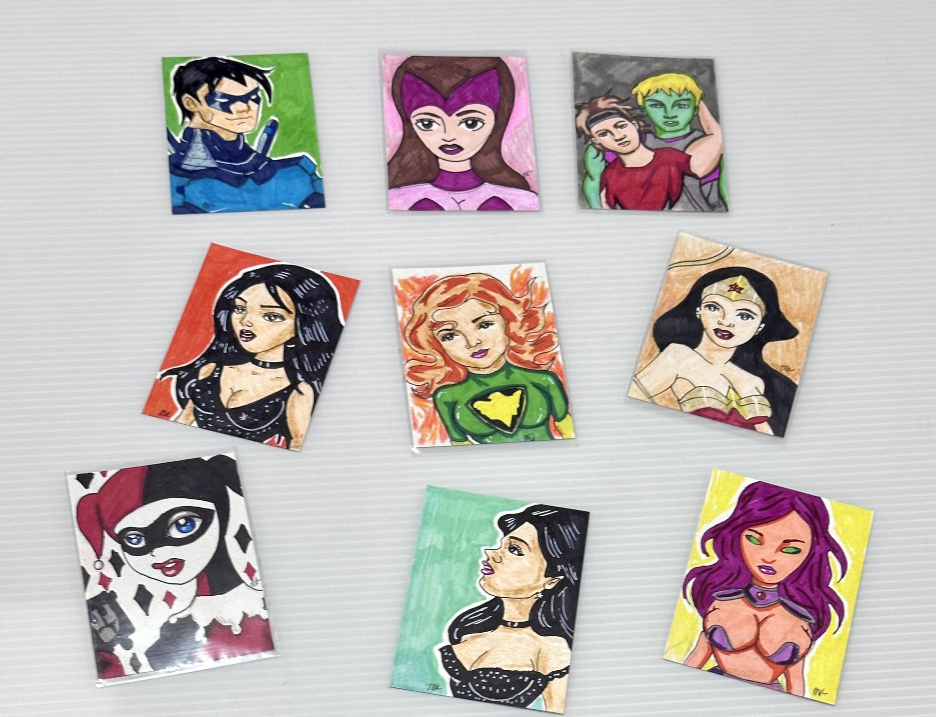Art Drawings Super Hero Harley Quinn Sketch Small Originals Lot Of 9 Wonder Woma