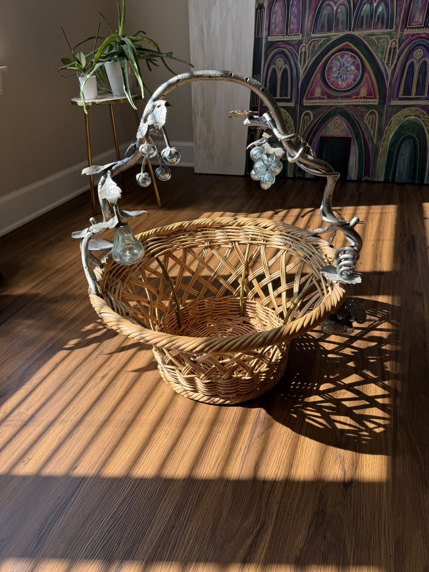 Artisan Made Basket With Metal Handle And Hand blown Glass Fruit