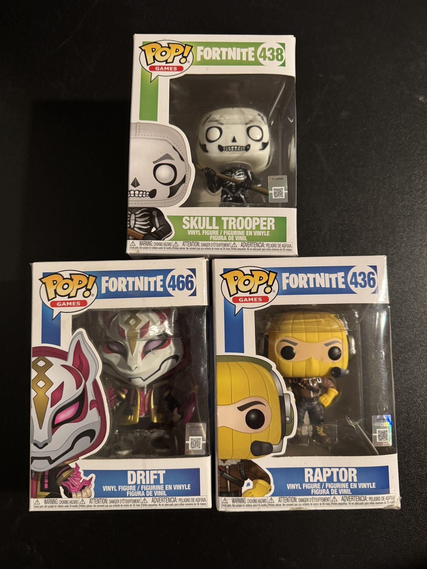 3 Fortnite Funko Pops (Drift, Raptor, Skull trooper)