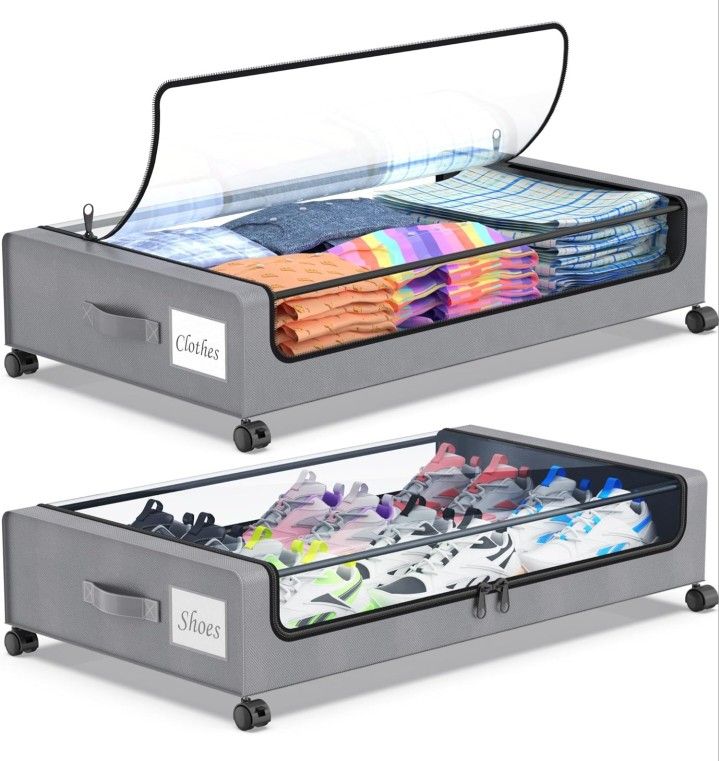 Under Bed Storage with Wheels, 2-Pack Under the Bed Storage Containers with Lids, XXL 60L Under Bed Shoe Storage Organizer Bins