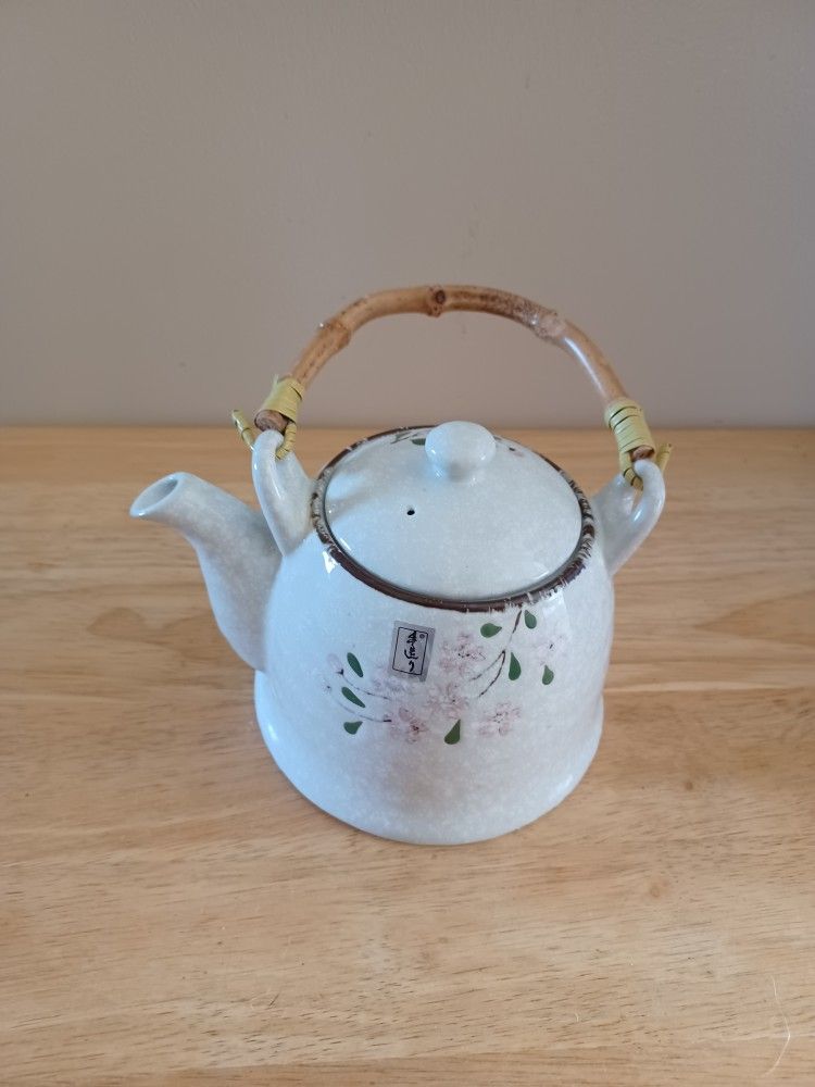 New Japanese Floral Ceramic Teapot With Bamboo Handle 