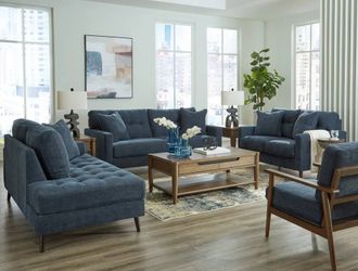 Brand New Sofa/sofa set w/Mid-Century modern nostalgia w/contemporary twist in Blue fabric