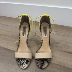 Steve Madden Snake-Print Open-Toe Heels with Yellow Ankle Strap