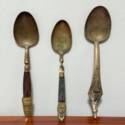 Set Of 3 Vintage Siam Thailand Nickel Bronze Brass And Wood Spoons Flatware