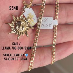 10K Gold Cuban Link Chain With Sun Pendant. Can Finance For $70 Without Credit Nor Interest. 