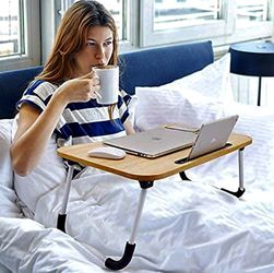 *NEW* Oak Laptop Desk, Wheanen Portable Laptop Bed Tray Table Notebook Stand Reading Holder with Foldable Legs & Cup Slot for Eating Breakfast, Readin Thumbnail