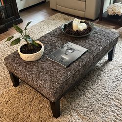 Coffee Table Ottoman w/ Wood Base – Neutral Upholstered – Excellent Condition