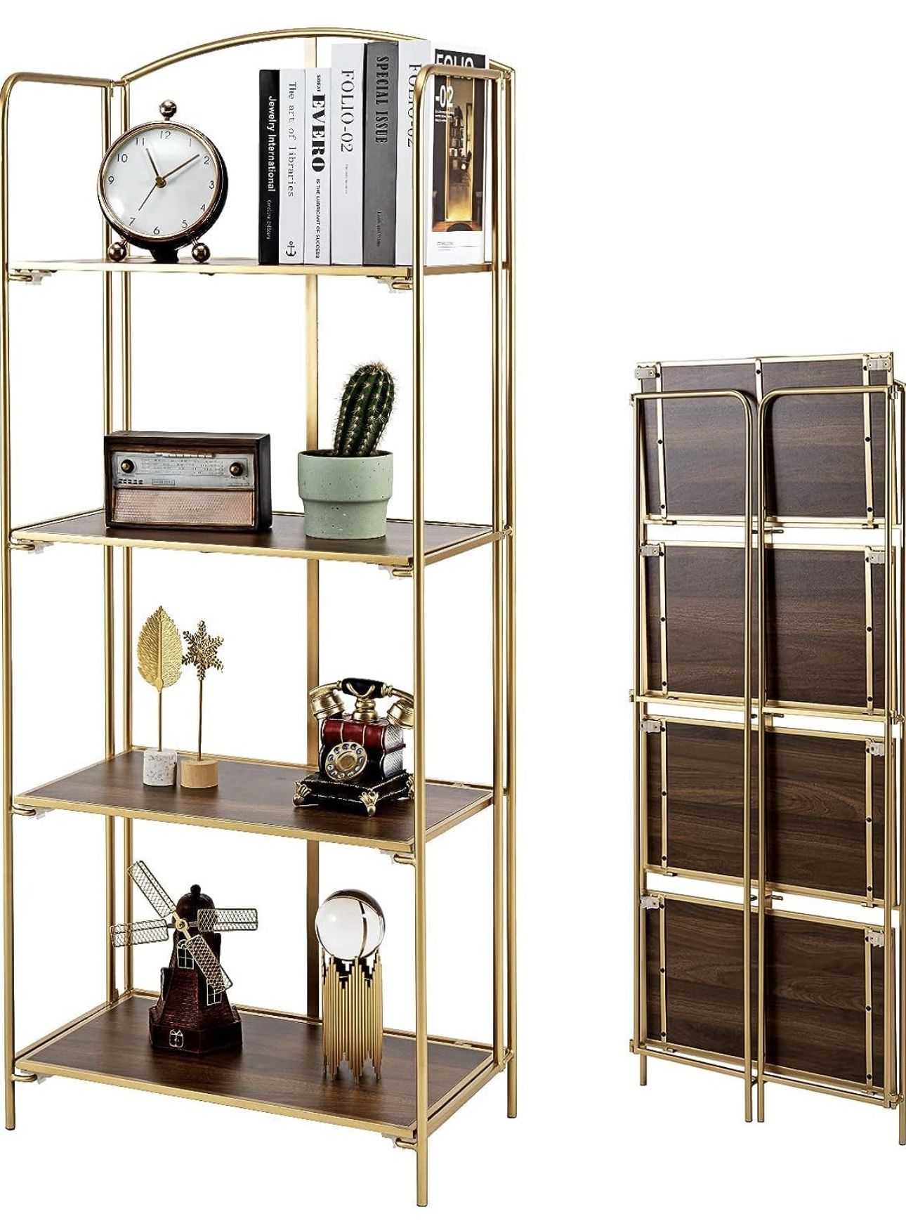 No Assembly Folding Bookshelf, 4 Tier Gold Bookshelf, Metal Book Shelf For Storage, Folding Bookcase For Office Organization And Storage, 12.6 D X 22.