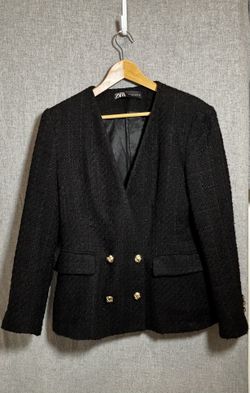 ZARA Textured Tweed Double Breasted Blazer Collarless V Neck Gold Buttons Large Like New