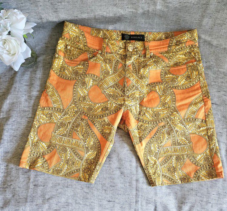Men's Authentic Versace Gold Barroco Print Cotton Designer Shorts Size 32 (LIMITED EDITION)