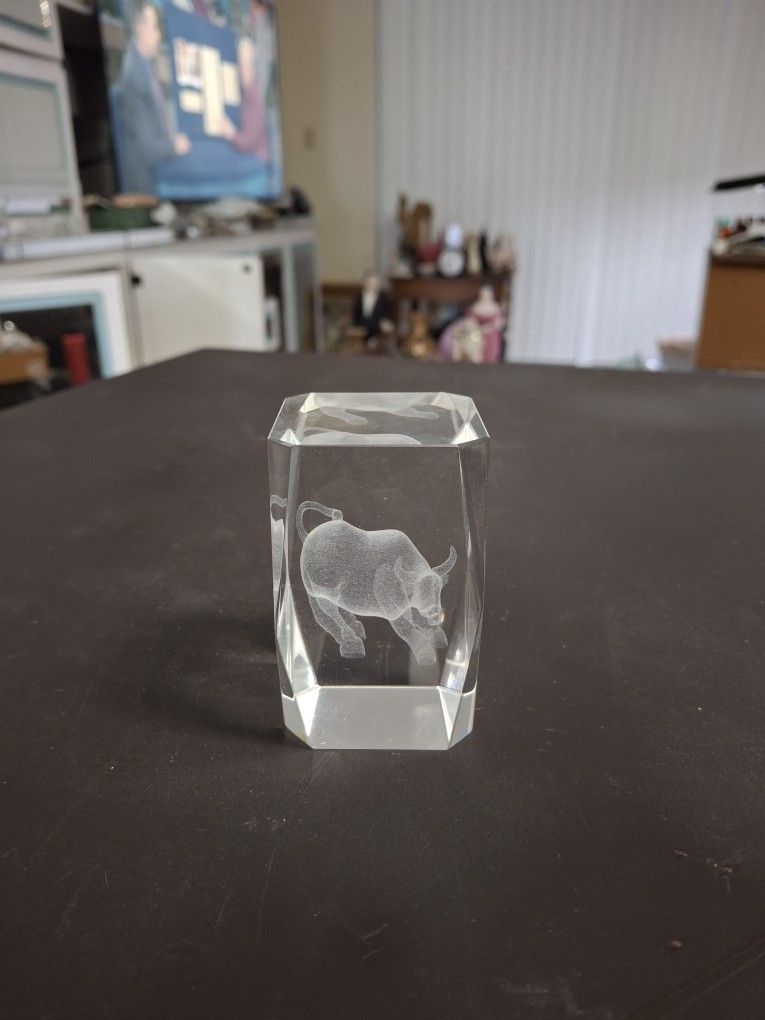 3D Laser Etched Crystal Glass Bull Hologram Paperweight 3"H X 2"SQ