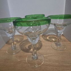 Four Green rim 12oz Margarita glasses