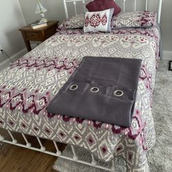 Full Platform Bed Frame , Mattress, Reversible Bedspread, Shans, Decorative Pillows Curtains 