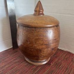 Vintage MCM Parquetry & Hand Turned Segmented Wood Lidded Container