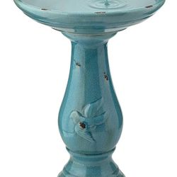  Pedestal Bath with 2 Figurines-Turquoise Antique Ceramic Birdbath with Birds, 24 Inch Tall, 19" L x 16" W x 25" H
