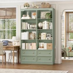 New assembled Tall Bookshelf with 4 Drawers, 6-Tier Double Wide Bookshelves and Bookcases with Storage, Green Bookshelf Large Open Bookshelves Standin