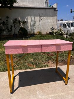 Pink Quilted Two-Drawer Desk with Yellow Metal Legs