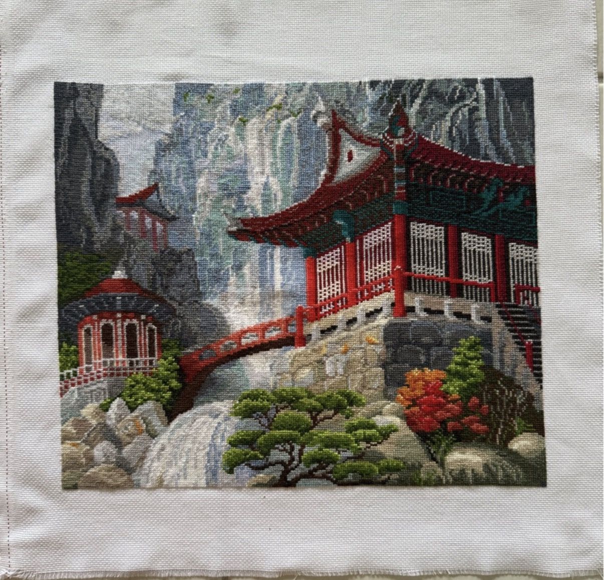 Home Decor Cross Stitch Embroidery China Temple And Waterfall