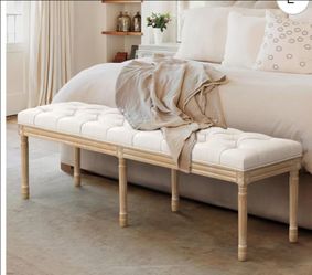 LUE BONA 60" Fabric Bed-End Bench – French-Style Tufted Upholstered Bedroom Bench with Carved Legs for King-Size Beds and Living Rooms