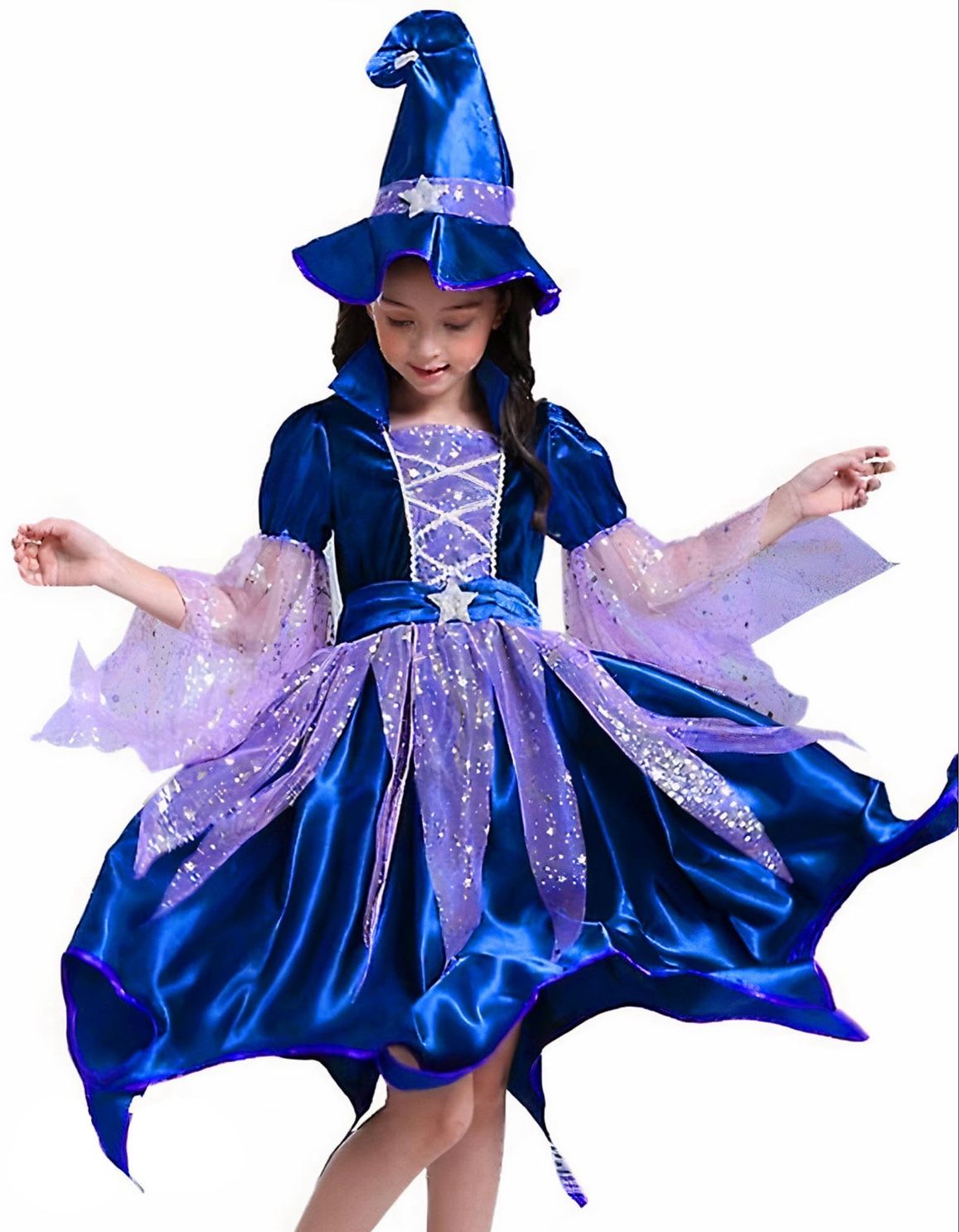 Halloween Witch Costume For Girls - Blue Witch Dress, Hat And Bag | Halloween Party Costume