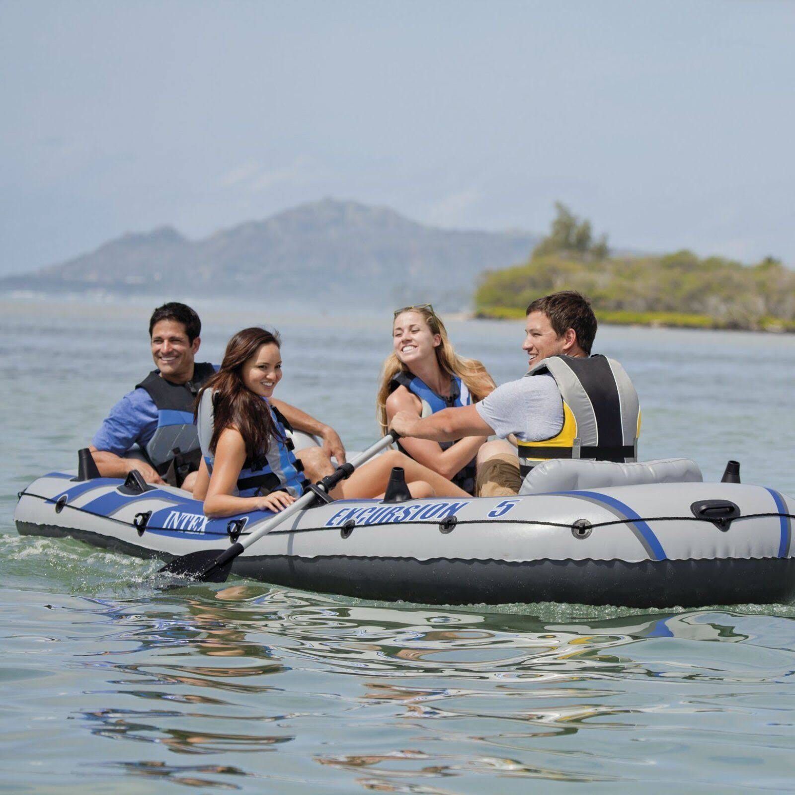 Intex 5 inflatable boat, trolling motor, floor base, motor mount and marine battery