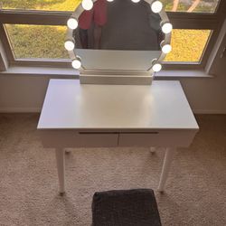 White Vanity With Lights And Mirror And Stool In Perfect Condition 