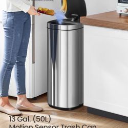 Kitchen Trash Can, 13-Gallon (50 L) Motion Sensor Garbage Can, Stainless Steel Trash Bin, Ozone Odor Control, Stay-Open, Metallic Silver U