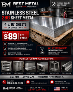 We offer 26-gauge stainless steel in 4' x 10' sheets,