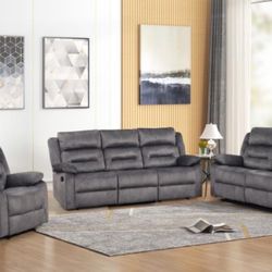 3 Pc Sofa Loveseat And Recliner Available In Manual Or Power Available In Blue Gray, Brown, And Gray