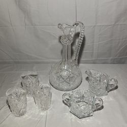 Cut Crystal Decanter, Tumblers, Creamer and Sugar Bowl Set (6 pc)