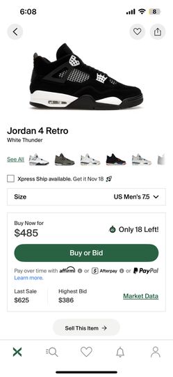 Jordan 4 White Thunder Size 7.5