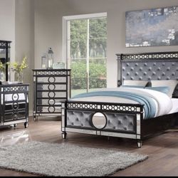 NEW 5 PCS QUEEN BEDROOM SET BLACK MIRROR ! BED FRAME , DRESSER , MIRROR , CHEST & N.STAND ! MINAS HOME FURNITURE ! 851 Van Houten Ave Clifton NJ 07013