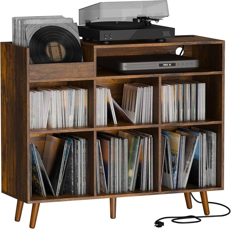 Record Player Stand, Turntable Shelf with Vinyl Storage up to 500 Albums, Vinyl Record Player Shelf with Power Outlet Sideboard Buffet Cabi