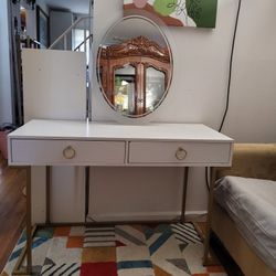 White & Gold Vanity Desk with Drawers