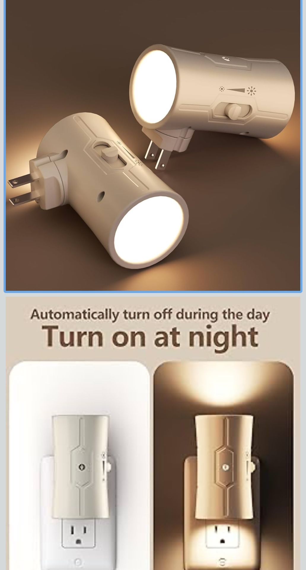 Night Light, LED Night Lights Plug into Wall, [2 Pack] Warm White 3000K, 0-100LM Adjustable Brightness Light Sensor Plug in Night Light for Hallway, B