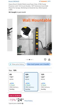 Heavy Duty 6 Outlet Metal Long Power Strip,