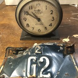 Antique Vintage Clock And Metal Plate/tag