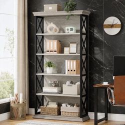 70.9 in. Tall Gray Wood 5-Shelf Etagere Bookcase with Metal Frame for Home Office.