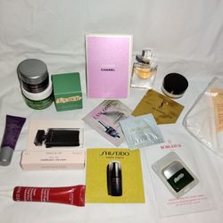 Luxury perfume and various skin care samples