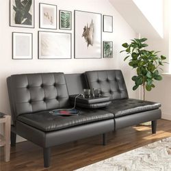 Mainstays Memory Foam 71.5" Sofa Futon with Cupholder and USB, Black Faux Leather