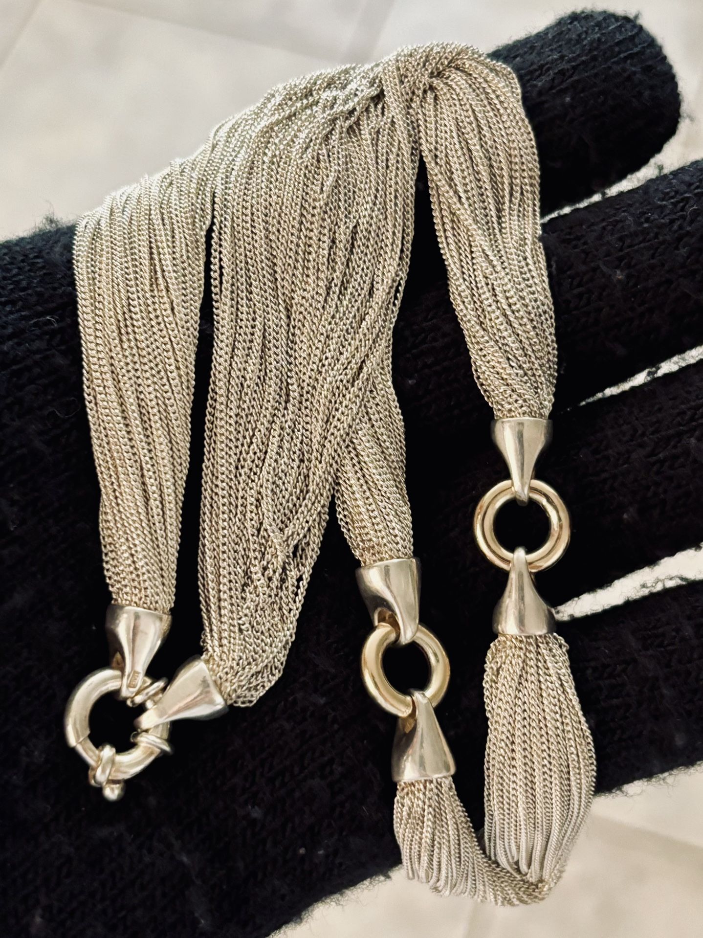 Sterling Silver Multi Strand Necklace w/ two 14k Circle Links 17 inch