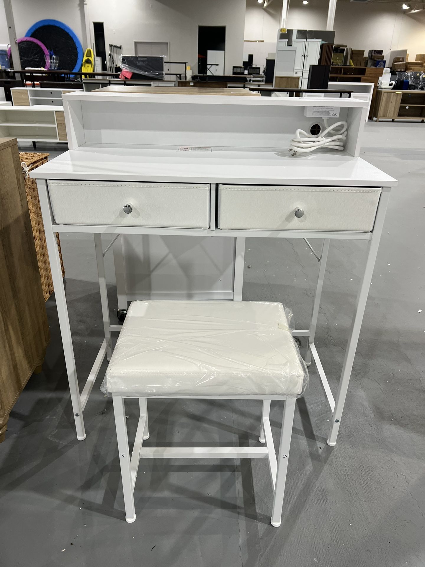 M-New Seventable Vanity Desk with Stool, 2 Fabric Storage Drawers & Power Outlets, Modern Makeup Vanity with Tool Hook for Bedroom, Writing Desk for S