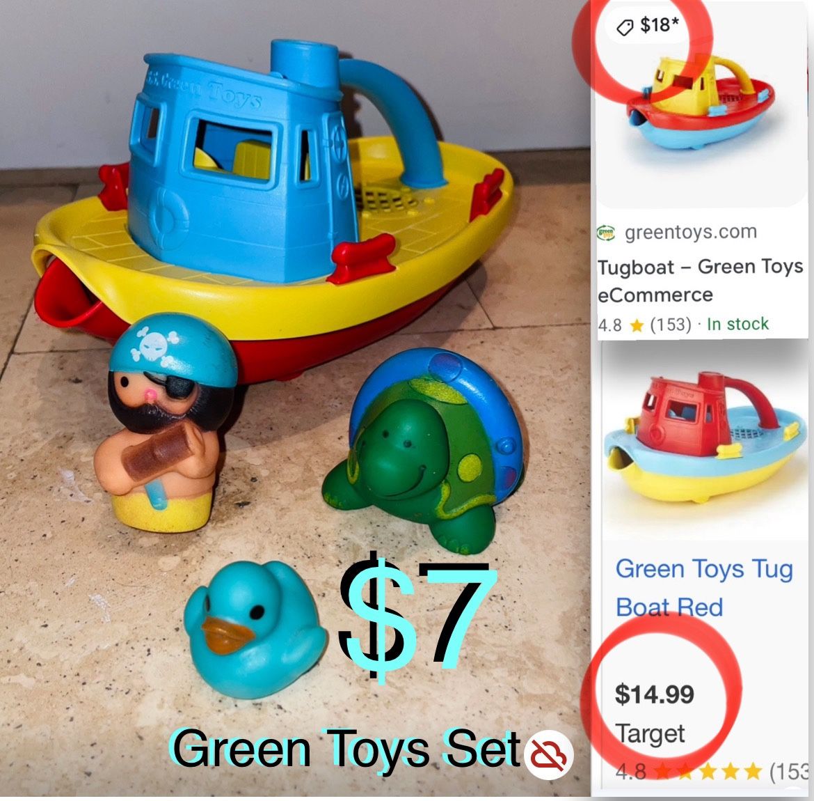 $7 Tugboat Green Toys Set like new
